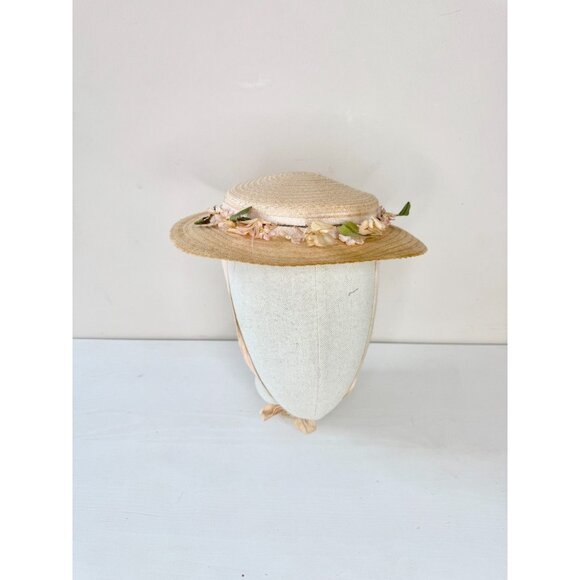 Vintage Pale Peach Pink Staw Faux Floral Grosgrain Ribbon Boater Hat - Picture 3 of 14